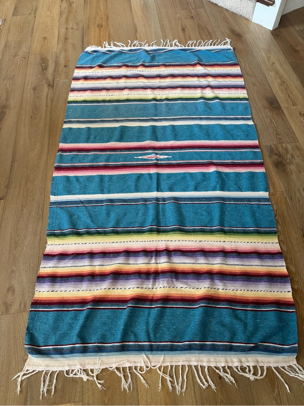 Vintage Mexican Saltillo Serape Blanket Turquoise Blue Woven  6'10"x3'9"